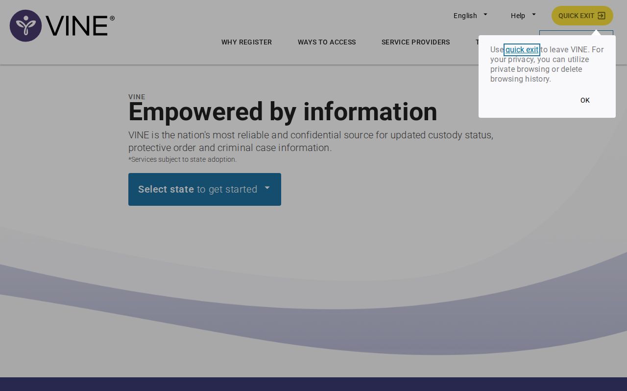 VINELink state-selection screen used to choose Idaho for a Boundary County custody search